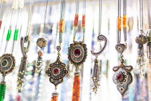 Necklace and bracelet shops in Istanbul's covered bazaar. Close up.
