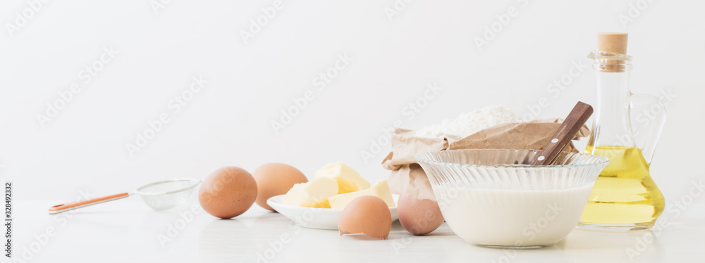 dough in glass plate and products for its preparation on white dough in glass plate and products for its preparation on white