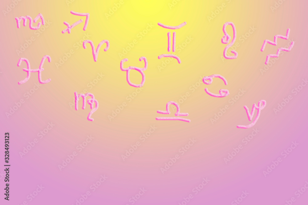 Pink astrological horoscope symbols on a yellow and pink background