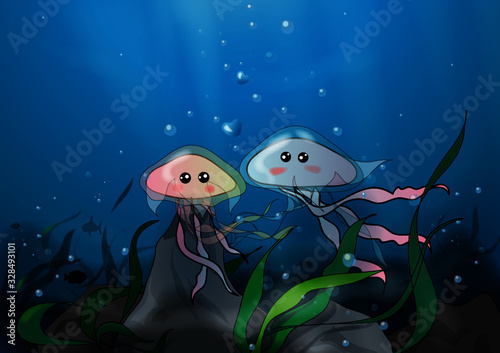 Two jellyfish underwater vector illustration