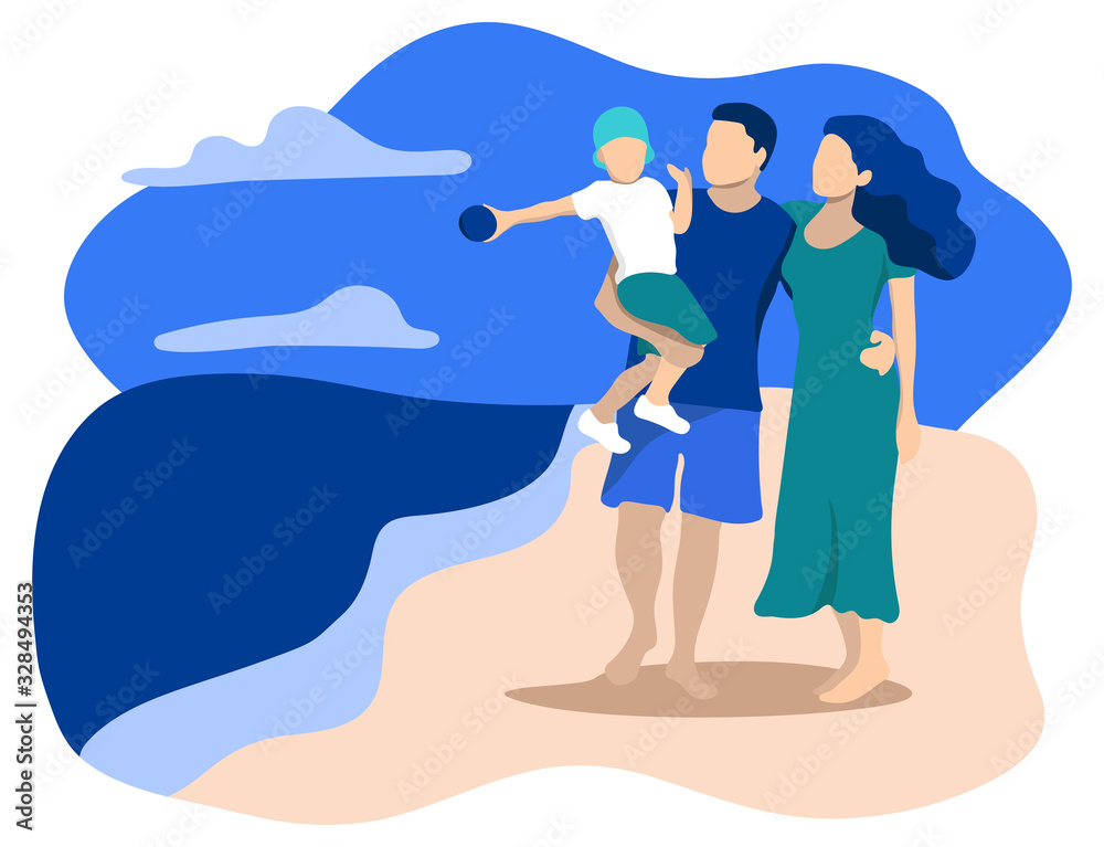 Family of mom, dad and little son on the sea shore. Flat design