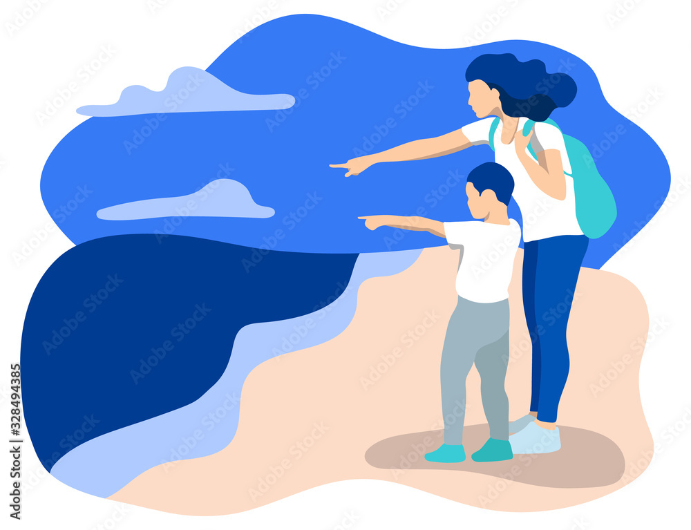 Stock vector mom with little son on the sea shore pointing forward against sea and sky. Flat design