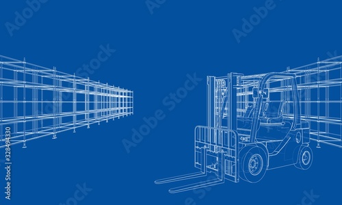 Warehouse shelves and forklift. Vector