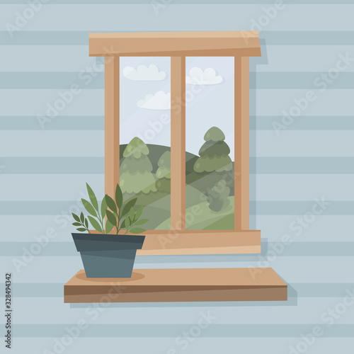Window with plant. Flat style vector illustration.