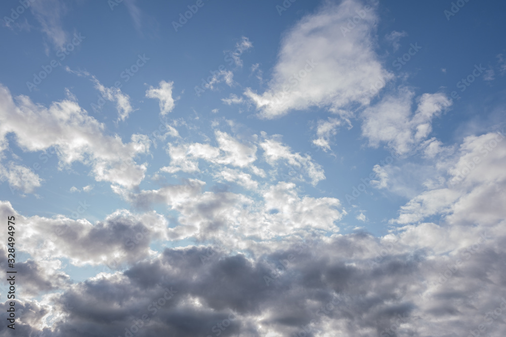 abstract background of white fluffy clouds on a bright blue sky