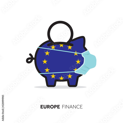 European Union healthcare cost. Piggy bank wearing a protective face mask
