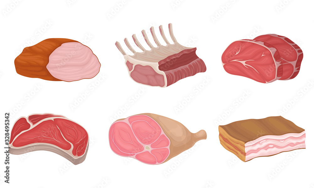 Meat Cuts in Assortment with Rib Roast and Bacon Slab Vector Set Stock ...
