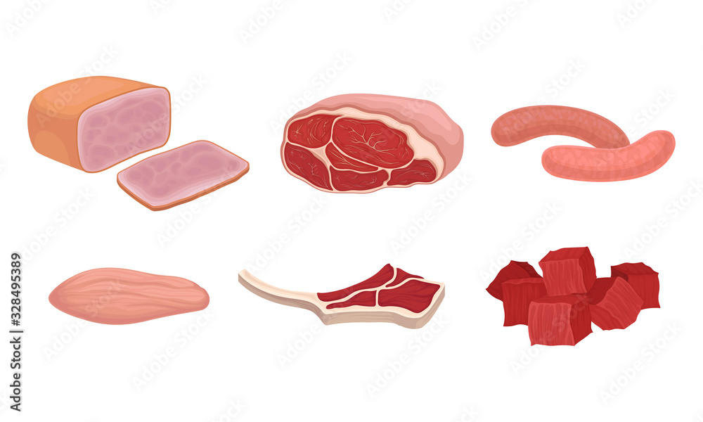 Meat Cuts in Assortment with Rib Roast and Bacon Slab Vector Set Meat Cuts in Assortment with Rib Roast and Bacon Slab Vector Set