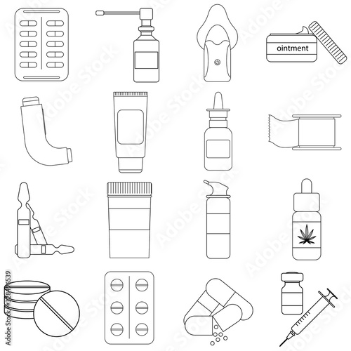 black and white flat vector set icons of medical preparations