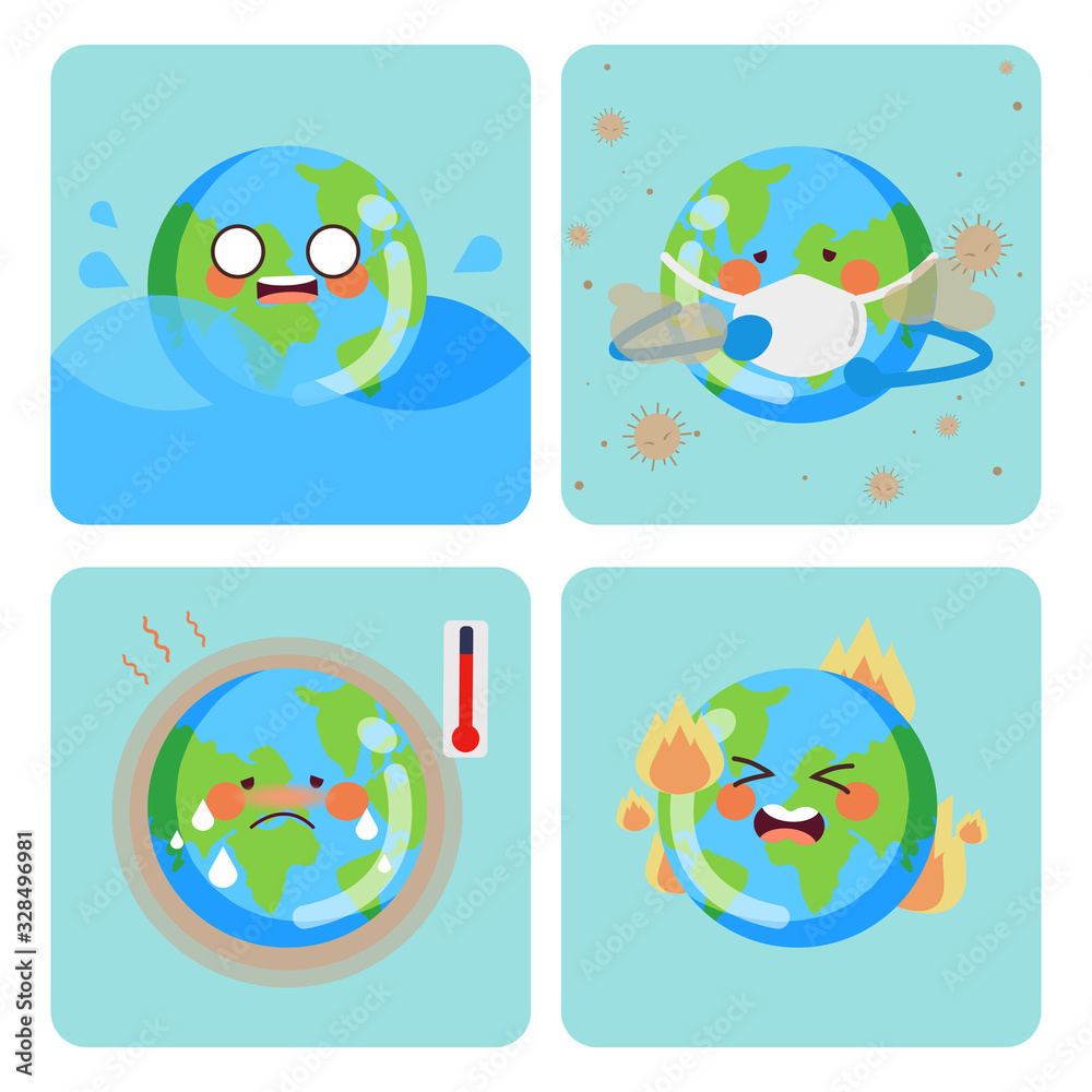 Fototapeta premium The information of problem with the earth. The character of earth with problem of water flow and dust and heat and fire. The character of cute world or earth in flat vector style.