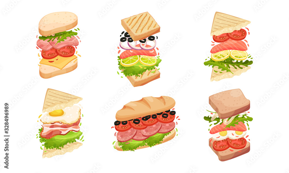 Sandwiches with Multiple Layers Isolated on White Background Vector Set Sandwiches with Multiple Layers Isolated on White Background Vector Set
