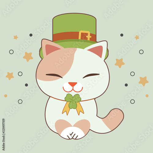The character of cute cat wear a green top hat and clover leaves ribbon for st patrick s day theme. The character of cute cat in flat vector style.