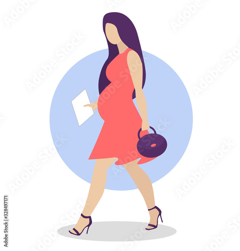 Pregnant woman walking in corall dress. Active well dressed pregnant female character.