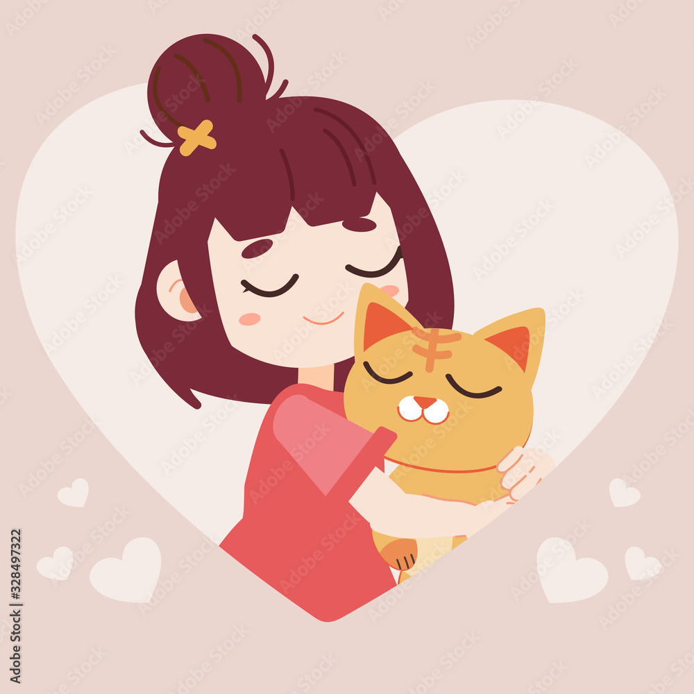 The character of cute cat hugging with master in the heart and pink background. The character of cute girl and her cat. The character of cute cat and girl in flat vector style. The character of cute cat hugging with master in the heart and pink background. The character of cute girl and her cat. The character of cute cat and girl in flat vector style.