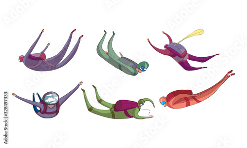 Parachute Jumpers Floating in the Sky with Closed Air-chute Vector Set