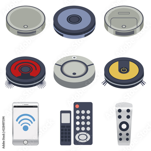 The collection of robot vacuum in many style with phone and remote control on the white background.The phone can control the robot vacuum with wifi. The robot vaccum in flat vector style.