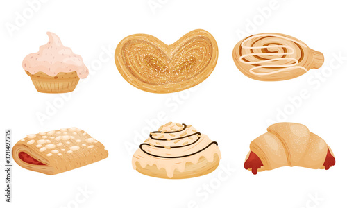 Sweet Pastry and Flour Products Like Creamy Doughnut and Stuffed with Jam Croissant Vector Set