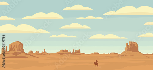 Vector landscape with a lone rider in the desert. American prairies and the silhouette of a cowboy on a horse. Decorative illustration on the theme of the Wild West. Western vintage background