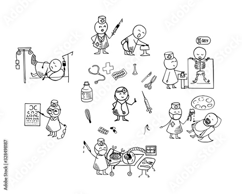 Funny people icons. Big medical set. Doodle medical vector Illustration.
