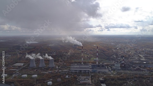 State District Power Station aerial view. Steam comes from a high factory chimney.