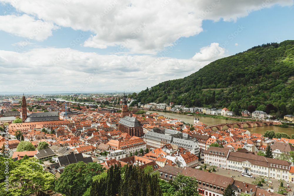 Nice panoramic views of Heidelberg, valley of the Neckar river in the northwest of Baden-Württemberg (Germany).
