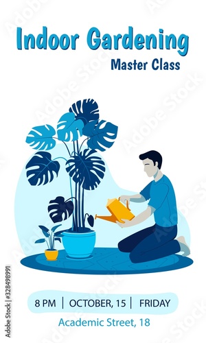 Indoor gardening masterclass vertical advertisement poster template. Man watering monstera plant with funnel.