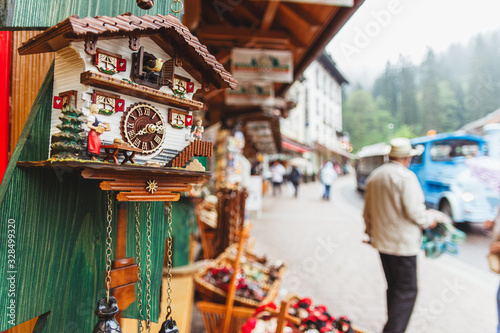 Typical souvenirs of cuckoo clocks from the village of Triberg, Black Forest. Germany.