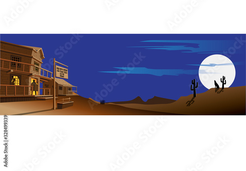 Cartoon Wild West Salon and Prairie Landscape at Night