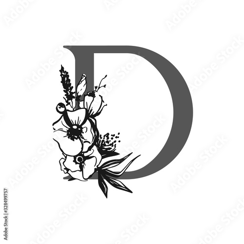 Vector flower alphabet. Design of letter D. Decoration of wedding invitations, cards, business cards of florists. Large delicate flowers in a ink style