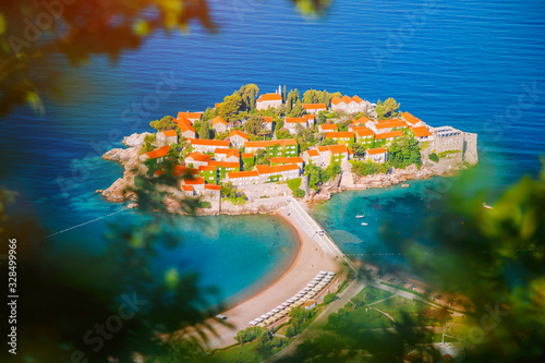 Aerial view of the small islet Sveti Stefan. Location Montenegro, Adriatic sea, Europe.
