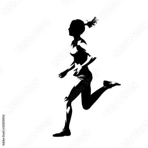 Running woman, abstract isolated vector silhouette. Ink drawing, side view