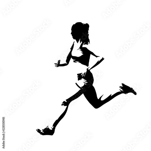 Running woman, abstract isolated vector silhouette. Ink drawing, side view