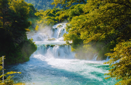Fototapeta Naklejka Na Ścianę i Meble -  Skradinski buk the most unusual waterfall in Krka National Park. Location place Sibenik city, Croatia.