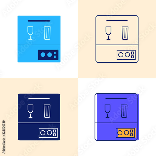 Dishwashing machine icon set in flat and line styles