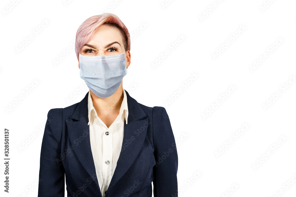business official girl think wearing protective face mask prevent virus infection, pollution, white isolated background business official girl think wearing protective face mask prevent virus infection, pollution, white isolated background
