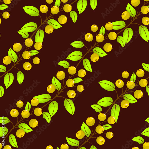 Vector seamless pattern with diagonal yellow rowanberry twigs on brown background; natural berry design for fabric, wallpaper, wrapping paper, textile, packaging, web design.
