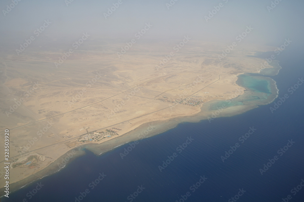 Top view on the desert of Egypt.Rred sea. Aerial view from the plane
