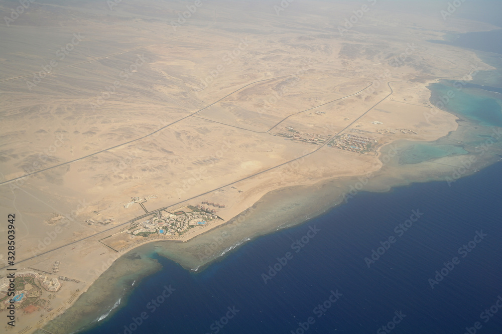 Top view on the desert of Egypt.Rred sea. Aerial view from the plane