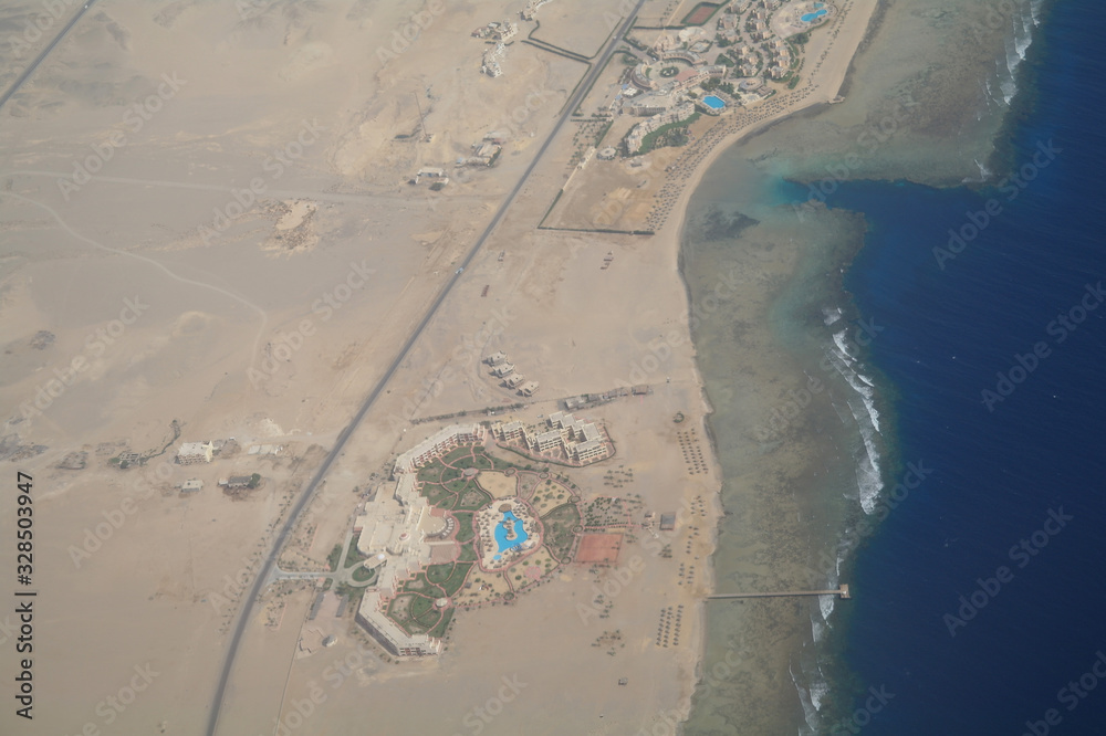 Top view on the desert of Egypt.Rred sea. Aerial view from the plane
