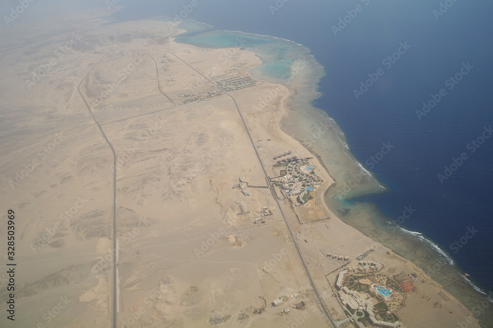 Top view on the desert of Egypt.Rred sea. Aerial view from the plane
