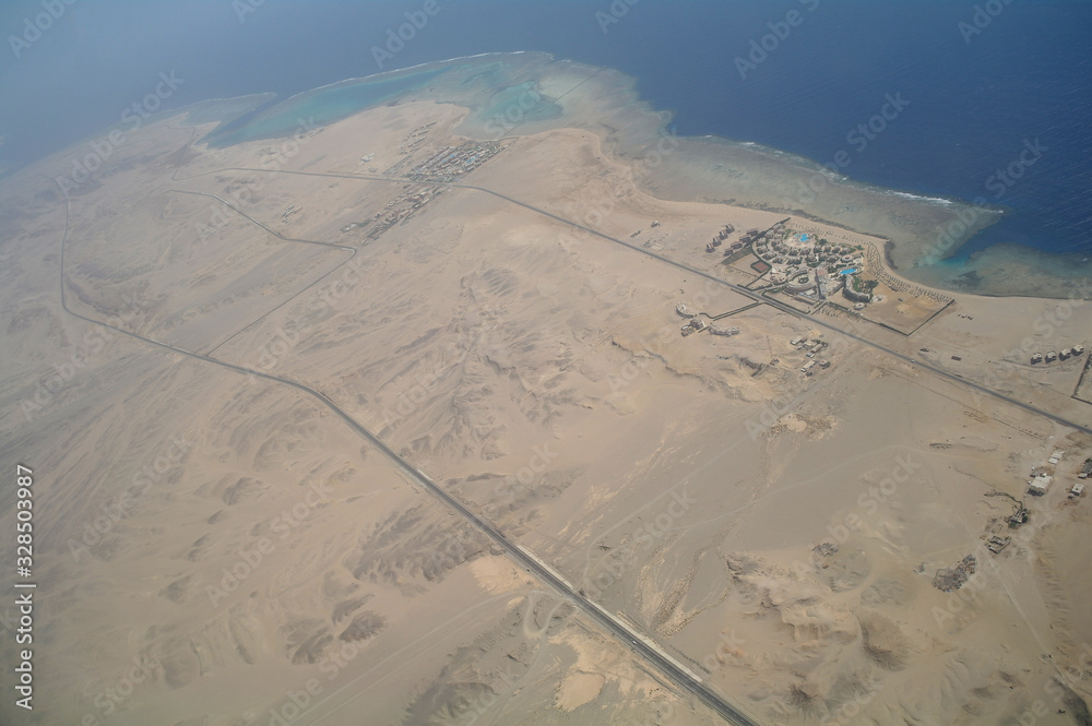 Top view on the desert of Egypt.Rred sea. Aerial view from the plane