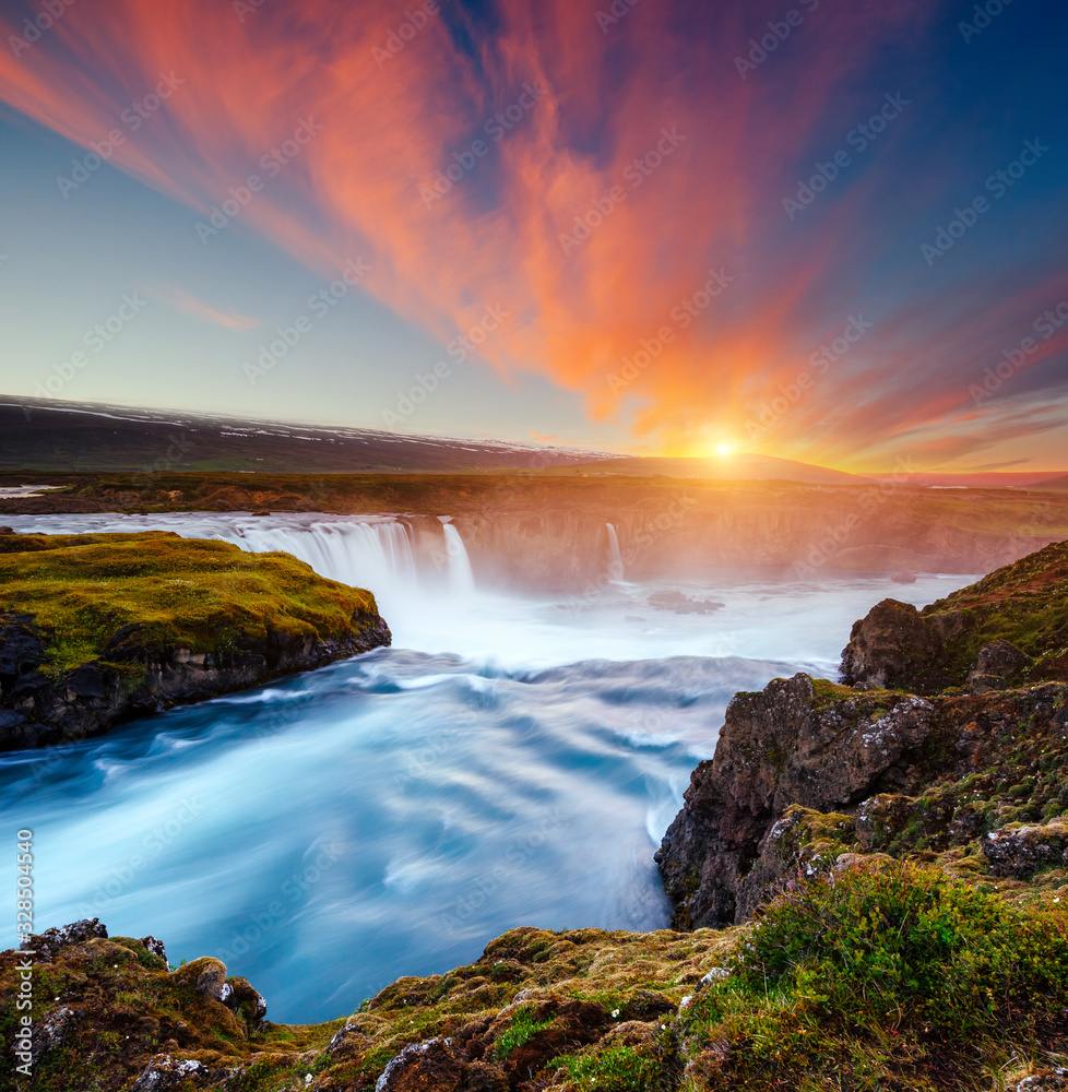 Amazing view of powerful Godafoss cascade. Location Bardardalur valley, Iceland.