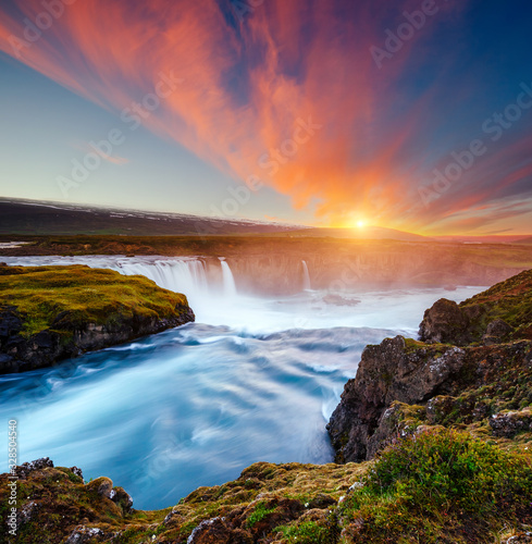 Amazing view of powerful Godafoss cascade. Location Bardardalur valley, Iceland.