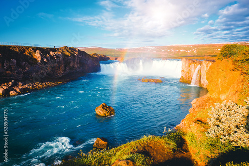 Fantastic scene of powerful Godafoss cascade. Location place Bardardalur valley, Iceland, Europe.