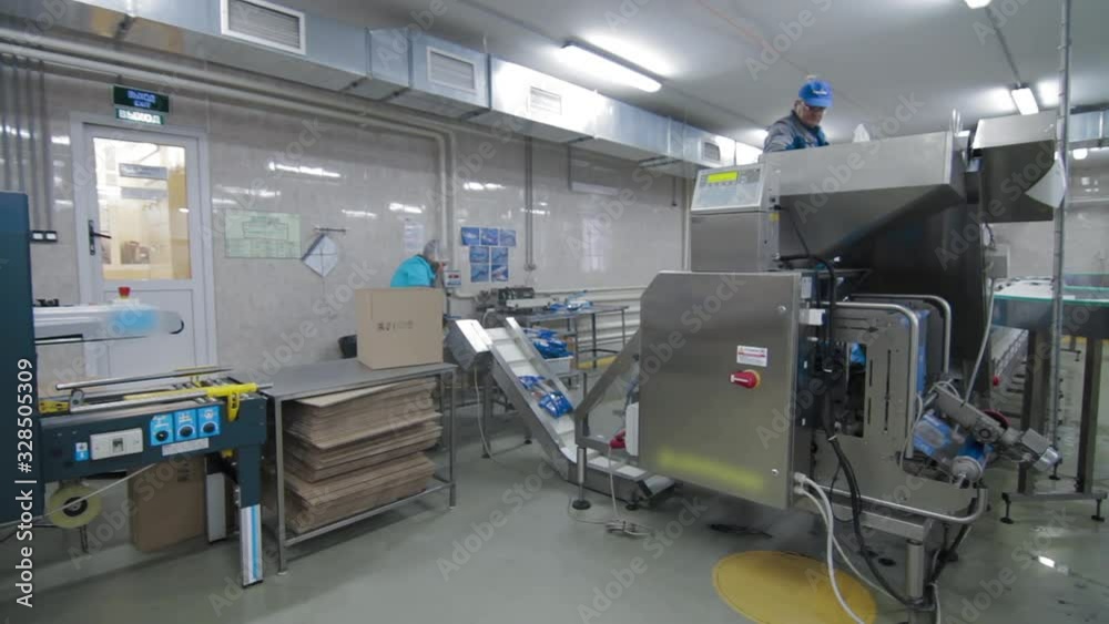 Plant for processing of fish products. Automatic packing fish. Transporting mechanism is relocating pieces of fish for processing Plant for processing of fish products. Automatic packing fish. Transporting mechanism is relocating pieces of fish for processing