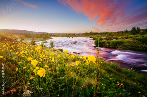 Amazing view of river in morning light. Location place Geyser Park, Hvita river, Haukadalur valley area, Iceland, Europe. © Leonid Tit