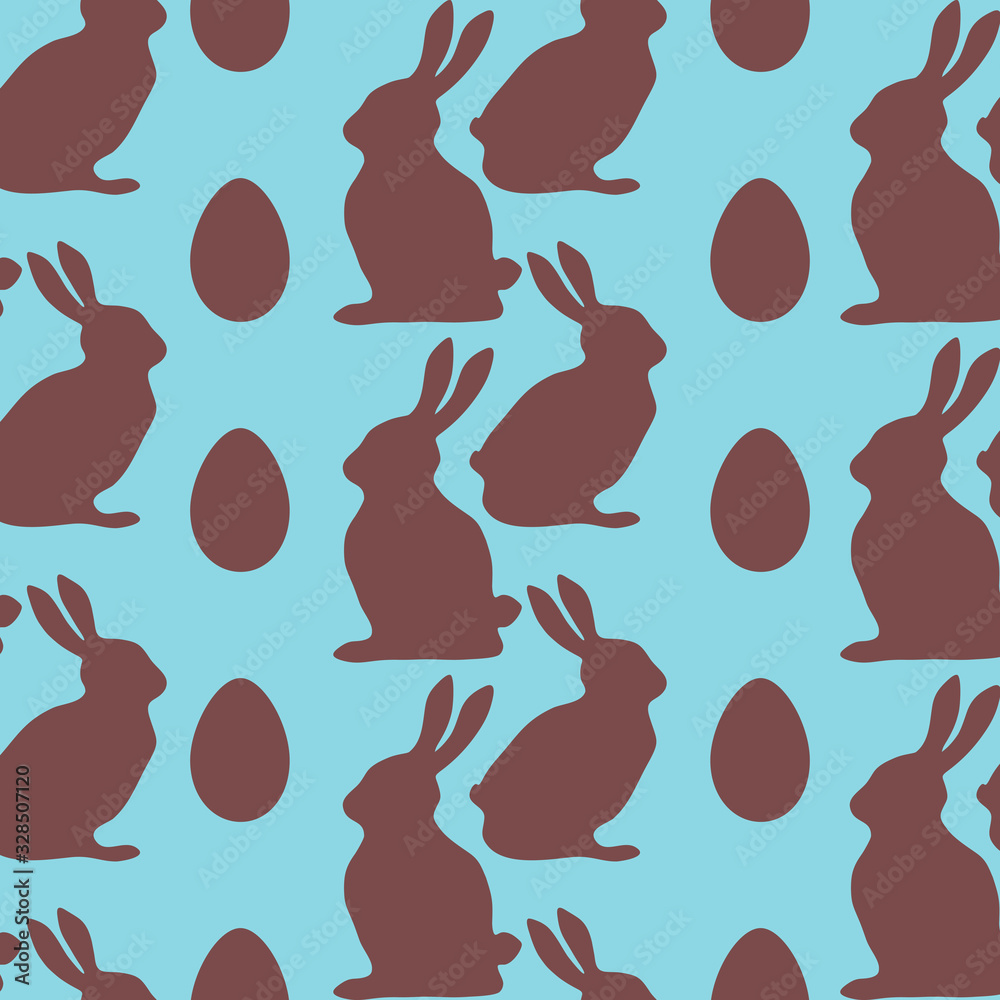Chocolate rabbits and Easter eggs on blue background. Seamless pattern. Vector illustration .