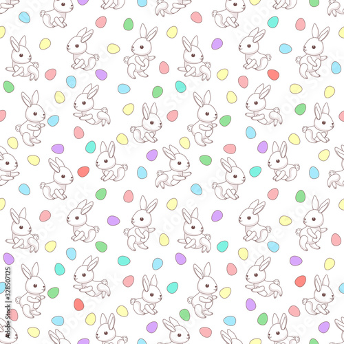 Multicolored Easter eggs and rabbits. Seamless pattern. Texture for fabric, wrapping, wallpaper. Decorative print. Vector illustration .