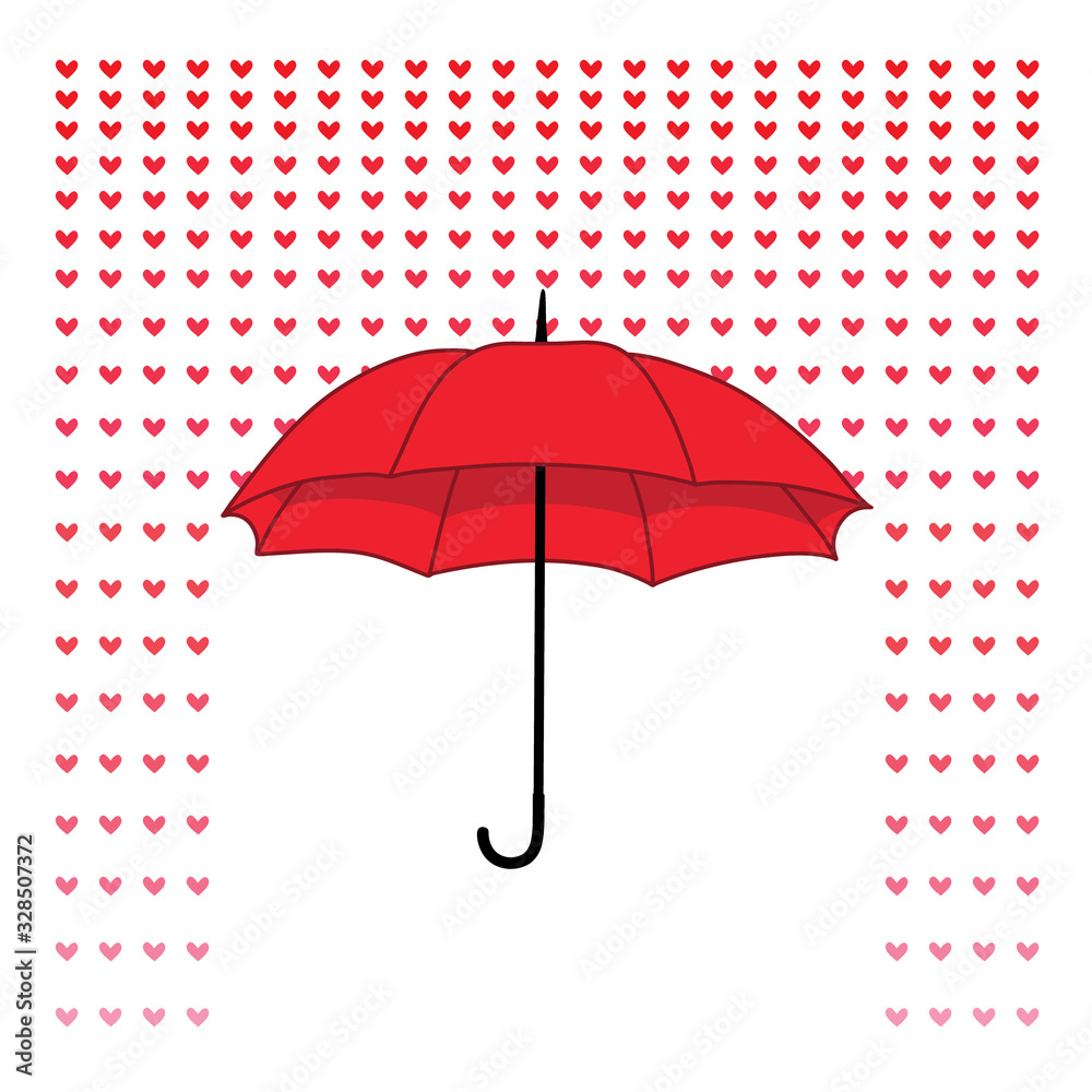 Romantic card with umbrella and rain of hearts. Vector illustration