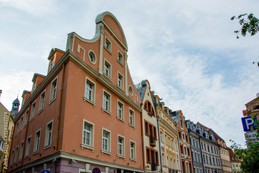 Street of Old town in Riga, Latvia. Modern city architecture of Europe.